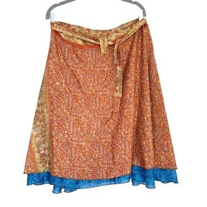 100% Silk Ganesh Himal Wrap Skirt‎ Bohemian Blue Orange Batik Indian Reversible